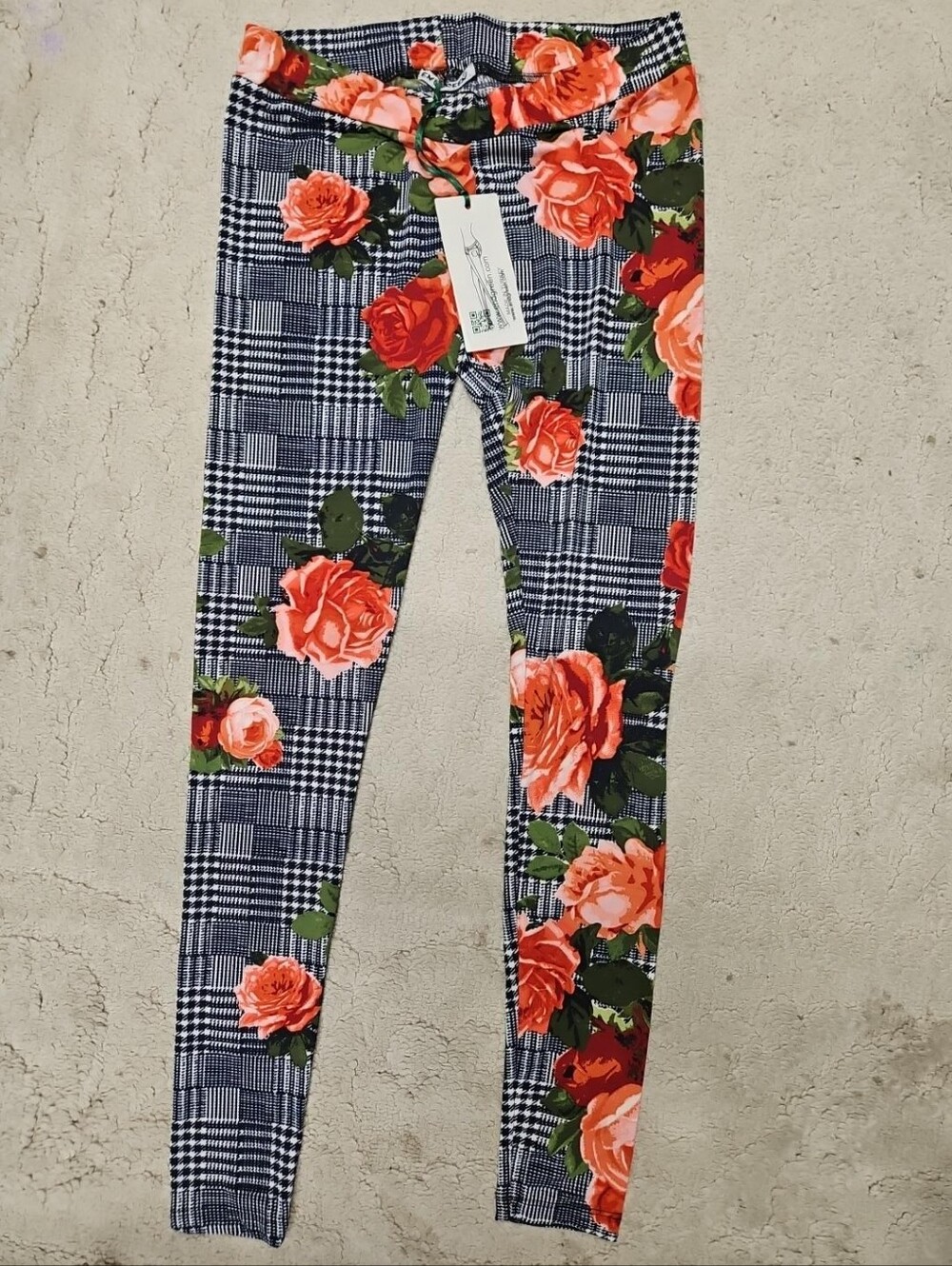 End Green Floral Plaid Leggings Size Large (Runs Medium) Rose Print Stretch Pant